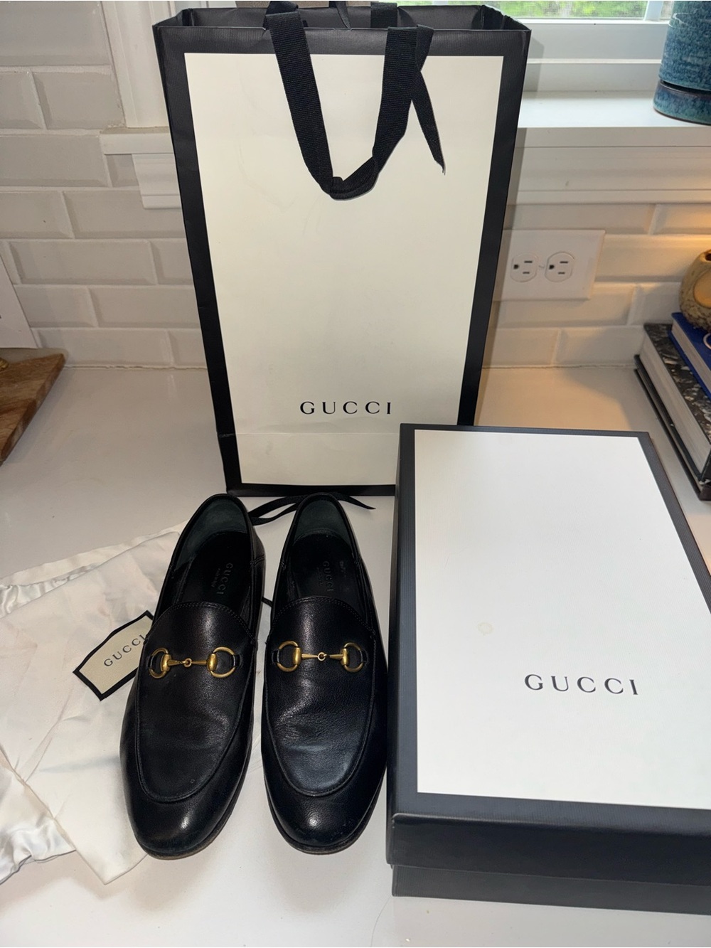 Gucci Brixton Black Leather Loafers with Gold Horsebit